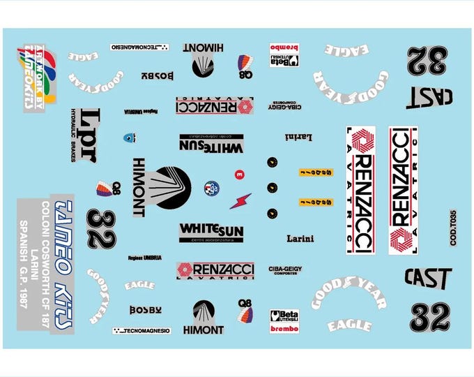 1:43 waterslide serigraphed decals Coloni Cosworth CF187 F1 Spanish GP 1987 Larini Tameo TMK063