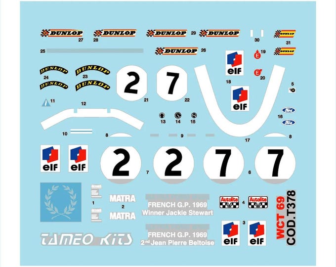 1:43 waterslide serigraphed decals Matra Ford MS80 French GP 1969 Stewart/Beltoise Tameo WCT69