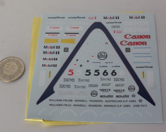 1:43 waterslide serigraphed decals Williams Honda FW10 F1 Monaco GP 1985 Mansell/Rosberg Tameo TMK023