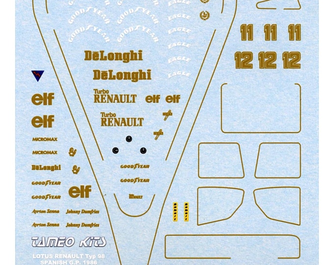 1:43 waterslide serigraphed decals Lotus Renault 98T F1 Spanish GP 1986 Senna/Dumfries Tameo TMK040