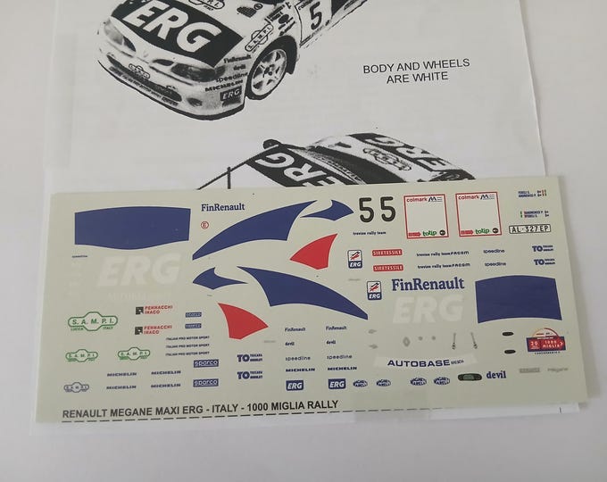1:43 waterslide decals sheet for Renault Mégane Maxi Rally Mille Miglia 1998 #5 Andreucci Carpena 43.121