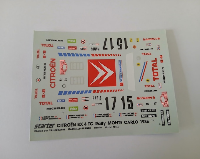 1:43 decals sheet for Citroen BX 4TC Rally Monte Carlo 1986 #15/17 Wambergue or Andruet Starter production