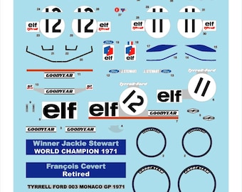 1:43 waterslide serigraphed decals Tyrrell Ford 003 Monaco GP 1971 Stewart/Cevert Tameo WCT71