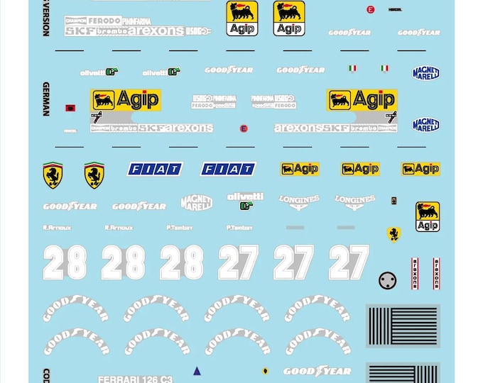 1:43 waterslide serigraphed decals Ferrari 126 C3 F.1 press & German GP 1983 Tambay/Arnoux Tameo TMK007