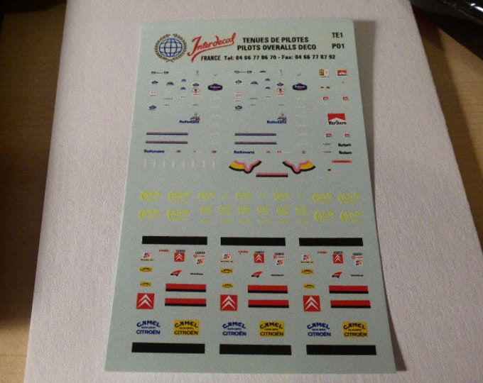 decals for drivers' overalls (Formula 1 Ferrari, Williams and rally Citroen, Subaru etc) 1:43 scale Tin Wizard TE1