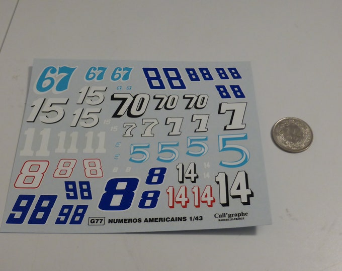 1:43 decals sheet with big race numbers for American race cars (famous numbers, fonts and colours) Starter production G77