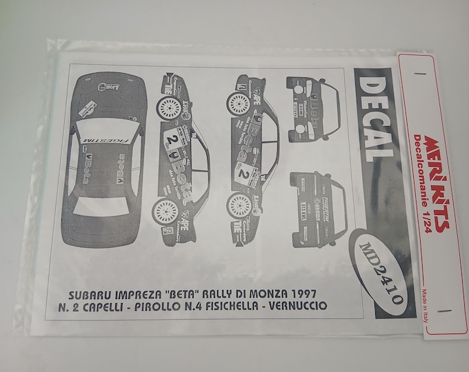 1:24 waterslide decals sheet for Subaru Impreza Beta Rallye Monza 1997 Capelli or Fisichella y Meri MD2410