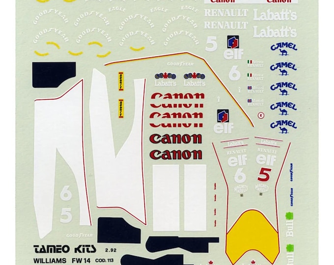 1:43 waterslide serigraphed decals Williams FW14 Italian GP 1991 Mansell/Patrese Tameo TMK148