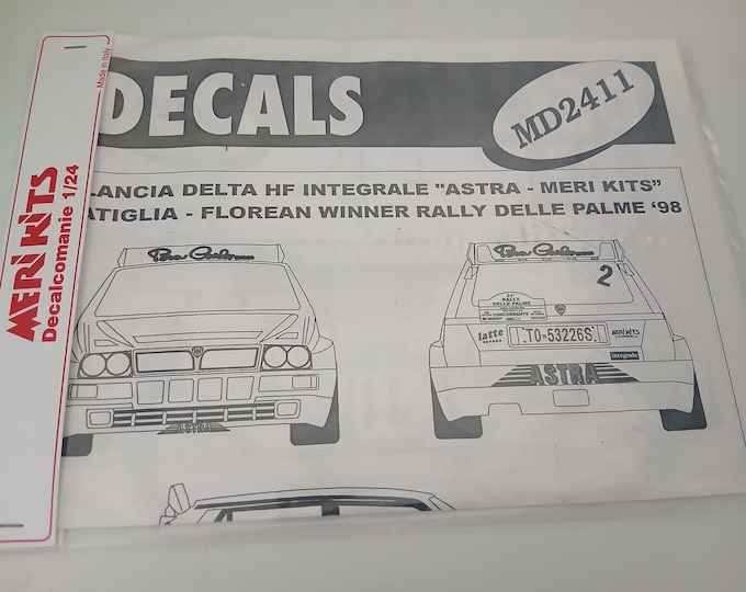 1:24 waterslide decals sheet for Lancia Delta Integrale Astra Rally delle Palme 1998 winner Ratiglia Meri MD2411