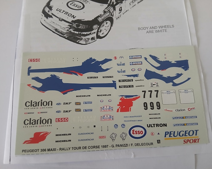 1:43 waterslide decals sheet for Peugeot 306 Maxi Tour de Corse 1997 #7/9 Panizzi or Delecour Carpena 43.119