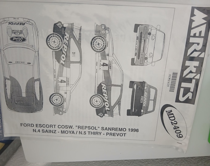 1:24 waterslide decals sheet for Ford Escort Cosworth RS Repsol Sanremo Rally 1996 Sainz or Thiry Meri MD2409