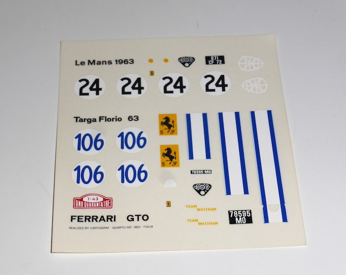 high quality 1:43 decals for Ferrari 250 GTO Targa Florio 1963 #106 / Le Mans 1963 #24 printed by Cartograf