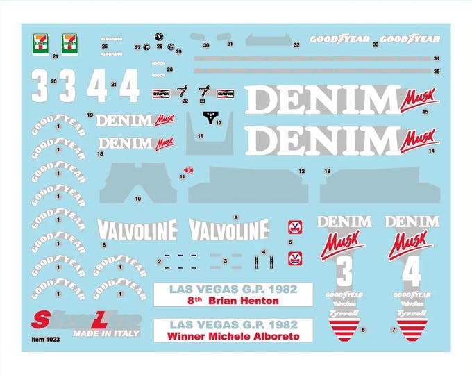 1:43 waterslide serigraphed decals Tyrrell 011 Las Vegas GP 1982 Alboreto/Henton Tameo SLK057
