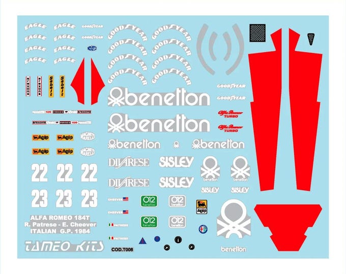 1:43 waterslide serigraphed decals Alfa Romeo 184T F1 Italian GP 1984 Patrese/Cheever Tameo TMK012