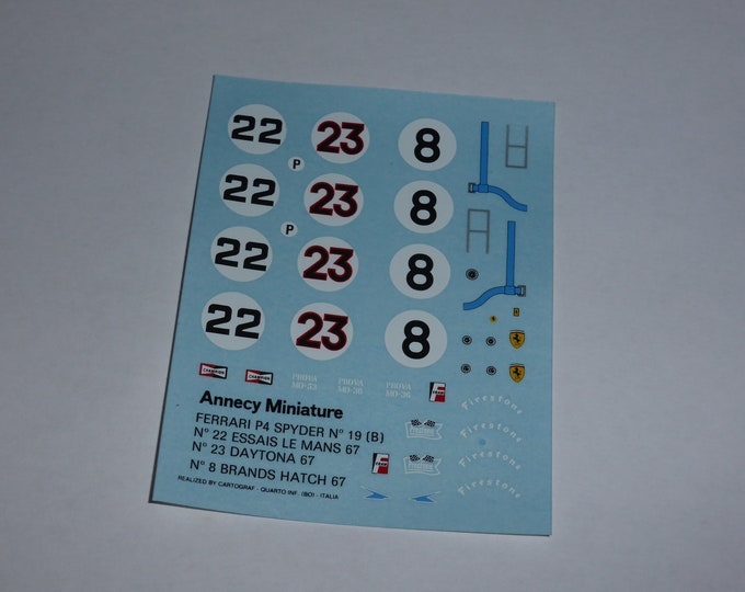 original Annecy AMR decals for Ferrari 330 P4 Spyder Le Mans 1967 tests #22/Daytona '67 #23/B.Hatch '67 #8 by Cartograf 1:43