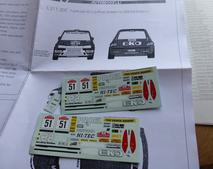 high quality 1:43 decals sheet for Fiat Punto Kit Car Proel Rally Sanremo 2003 Baldacci RACING43 S211.200