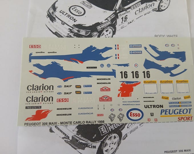 1:43 waterslide decals sheet for Peugeot 306 Maxi Rally Monte Carlo 1998 #16 Panizzi Carpena 43.118