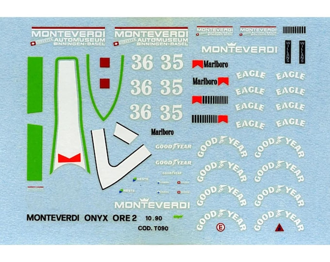 1:43 waterslide serigraphed decals Monteverdi Onyx Ford ORE2 British GP 1990 Lehto/Foitek Tameo TMK125