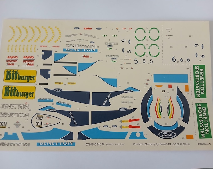 1:24 waterslide decals sheet for Benetton Ford B194 F.1 1994 Schumacher or Verstappen Revell production