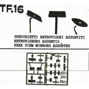 May include: A white background features a black illustration of rear view mirrors and a sprue of assorted mirror parts. The text "TF.16" is at the top left. Below the illustrations are the words "REAR VIEW MIRRORS ASSORTED".