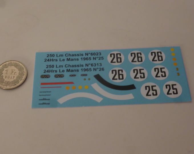 1:43 waterslide decals for Ferrari 250 LM E.Francorchamps Le Mans 1965 #25/26