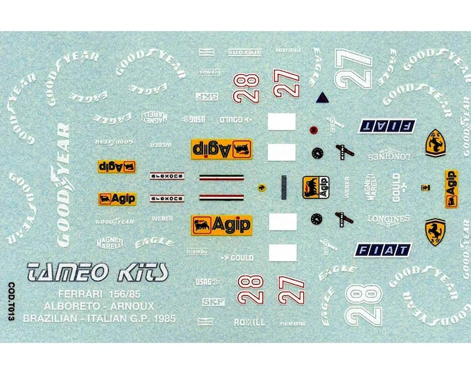 1:43 waterslide serigraphed decals Ferrari 156/85 F1 Brazilian GP 1985 Alboreto/Arnoux Tameo TMK019