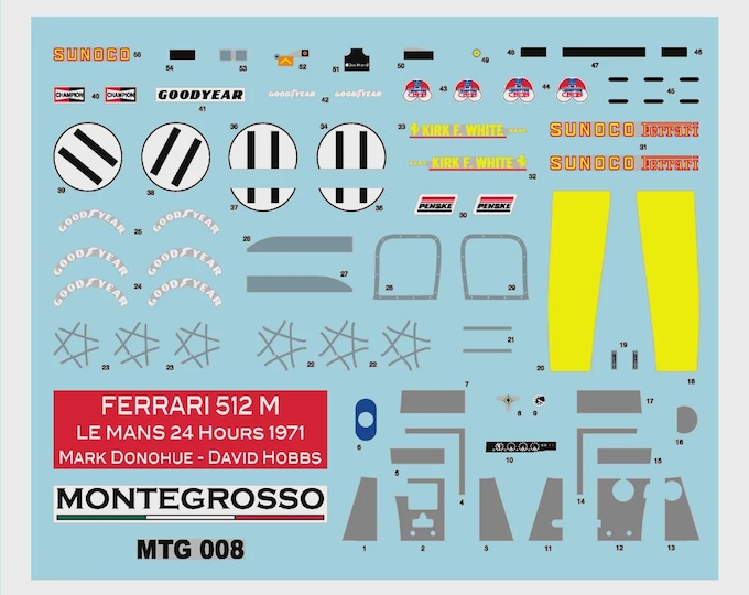 1:43 serigraphed decals Ferrari 512M Sunoco Penske Le Mans 1971 #11 Hobbs/Donohue Tameo MTG008