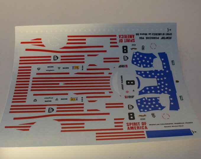 1:43 decals for Porsche 956 Gr.C Joest Spirit of America Le Mans 1986 #8 Follmer/Morton/Miller Starter production