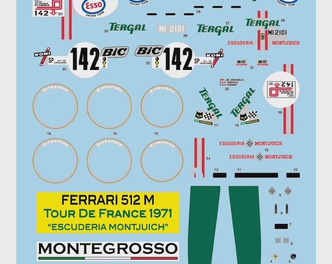 1:43 serigraphed decals Ferrari 512M Escuderia Montjuich Tour Auto 1971 #142 Juncadella/Guénard/Jabouille Tameo MTG010