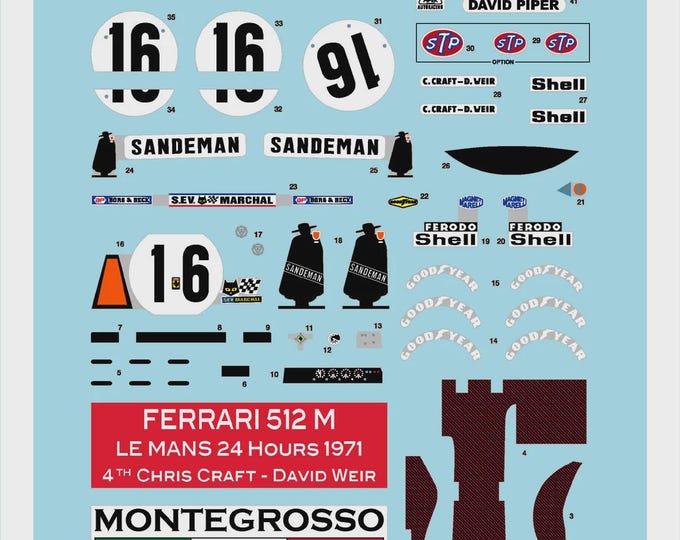 1:43 serigraphed decals Ferrari 512M David Piper Racing Le Mans 1971 #16 Craft/Weir Tameo MTG006