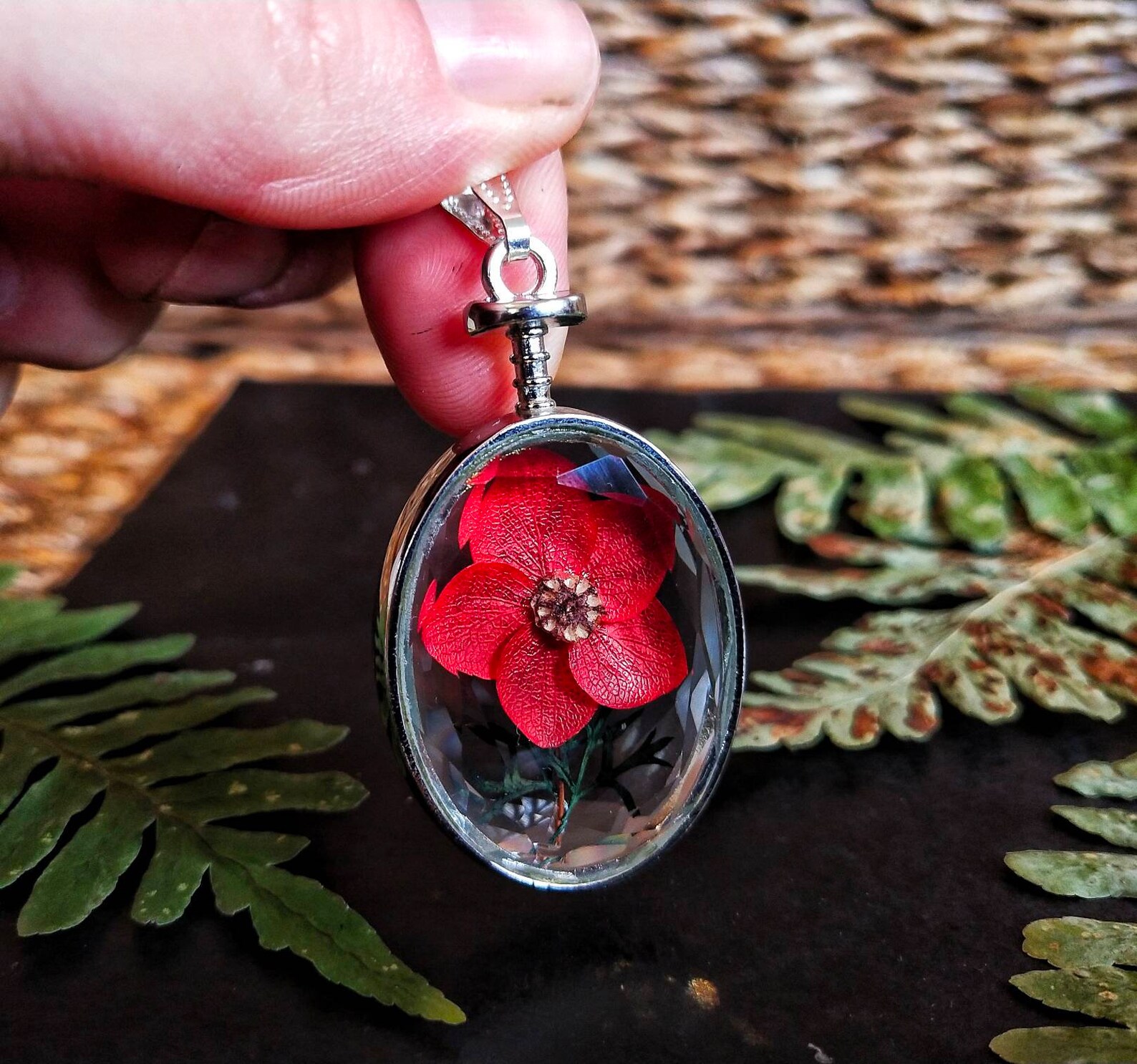 Red Poppy Flower Necklace/ Real Poppy Necklace/ Glass Pendant/ Etsy