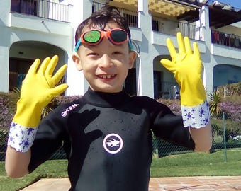 Guantes de goma pequeños para niños, niños lavando, guantes de jardinería, caléndula pequeña, tareas de niños, poca protección de manos, cocina de barro