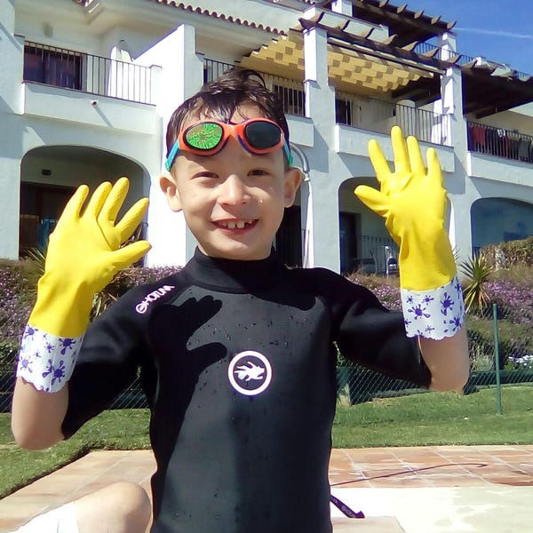 Guantes de goma pequeños para niños, niños lavando, guantes de jardinería, caléndula pequeña, tareas de niños, poca protección de manos, cocina de barro