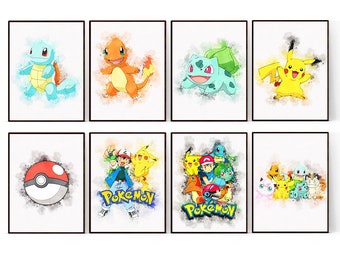 Impresión de acuarela Poke para niños, Decoración del dormitorio para niños, Póster de impresiones de juegos, Arte de pared animado, Arte de pared de la sala de juegos