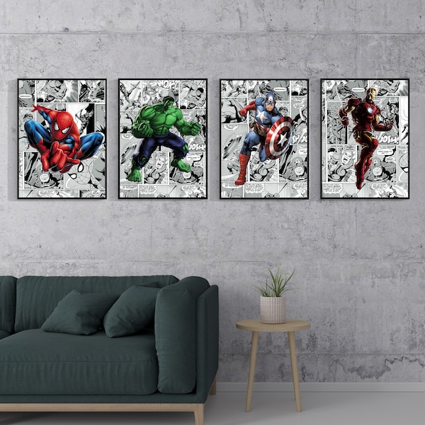 Superhero Kids Comic Bedroom Decor, Superhero Prints, Superhero Wall Art, Superhero Comic Print, Nursery Decor, Playroom Wall Art