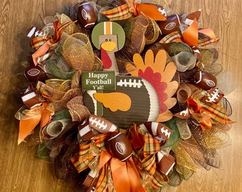 Fall wreath, Front Door Wreath, Thanksgiving decor, Turkey decor, Football wreath, Football Turkey wreath, Fall football.