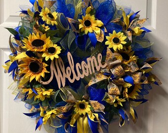 Sunflower Welcome wreath, Front Door Wreath, Navy Blue and Yellow, Summer decor.