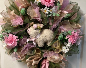 Pink Pig Spring Wreath, Floral Everyday Front Door Decor