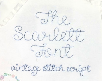 The Scarlett font, vintage stitch, quick stitch, script, machine embroidery design file in .5 inch, 1 inch, 1.5 inch, and  2 inch