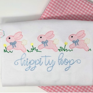 Easter bunnies hopping with bows sketch fill, light fill, quick stitch machine embroidery design file