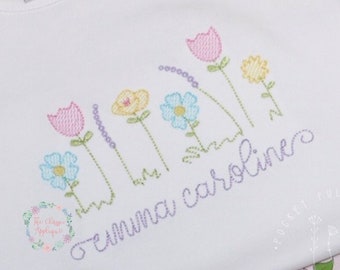 Spring wild flowers floral quick stitch, light fill, sketch fill vintage stitch machine embroidery design file