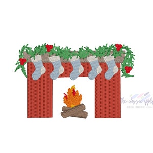 May include: A red brick fireplace with a fire burning inside. There are five stockings hanging from the mantelpiece, decorated with green garland and red berries.