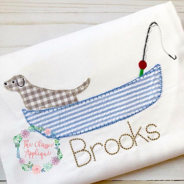 Hund im See Kanu mit Angelstange Decke Stich Applikation Maschine Stickerei Design