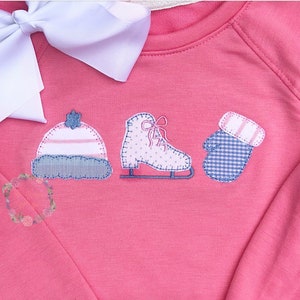 Winter hat, ice skate, mitten girl trio blanket stitch applique machine embroidery design file