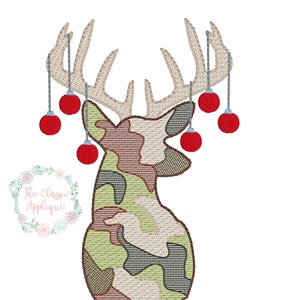 May include: A camouflage deer head with red Christmas ornaments hanging from its antlers. The name "Campbell" is written below the deer head.