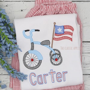 Patriotic Fourth of July tricycle with American flag sketch fill machine embroidery design file