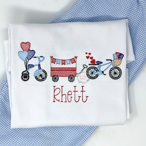 Valentine&#39;s Day parade trio with trike, wagon, and bike sketch fill, light fill quick stitch machine embroidery design file
