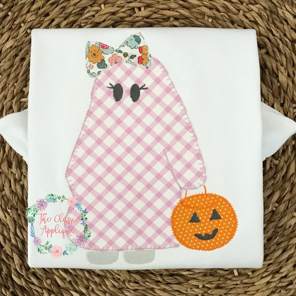 Halloween girl ghost trick or treater with bow blanket stitch applique with zig zag pumpkin candy bucket applique embroidery design