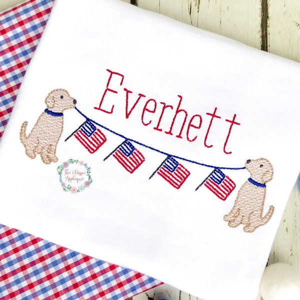 patriotic puppy lab dogs holding American flags for Fourth of July sketch fill, light fill quick stitch machine embroidery design file