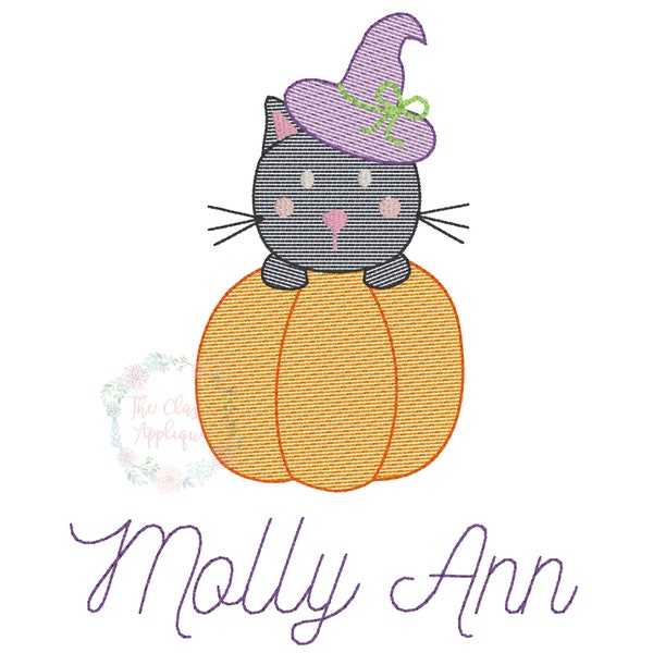 Halloween black cat, kitten in pumpkin sketch fill, light fill, quick stitch machine embroidery design file
